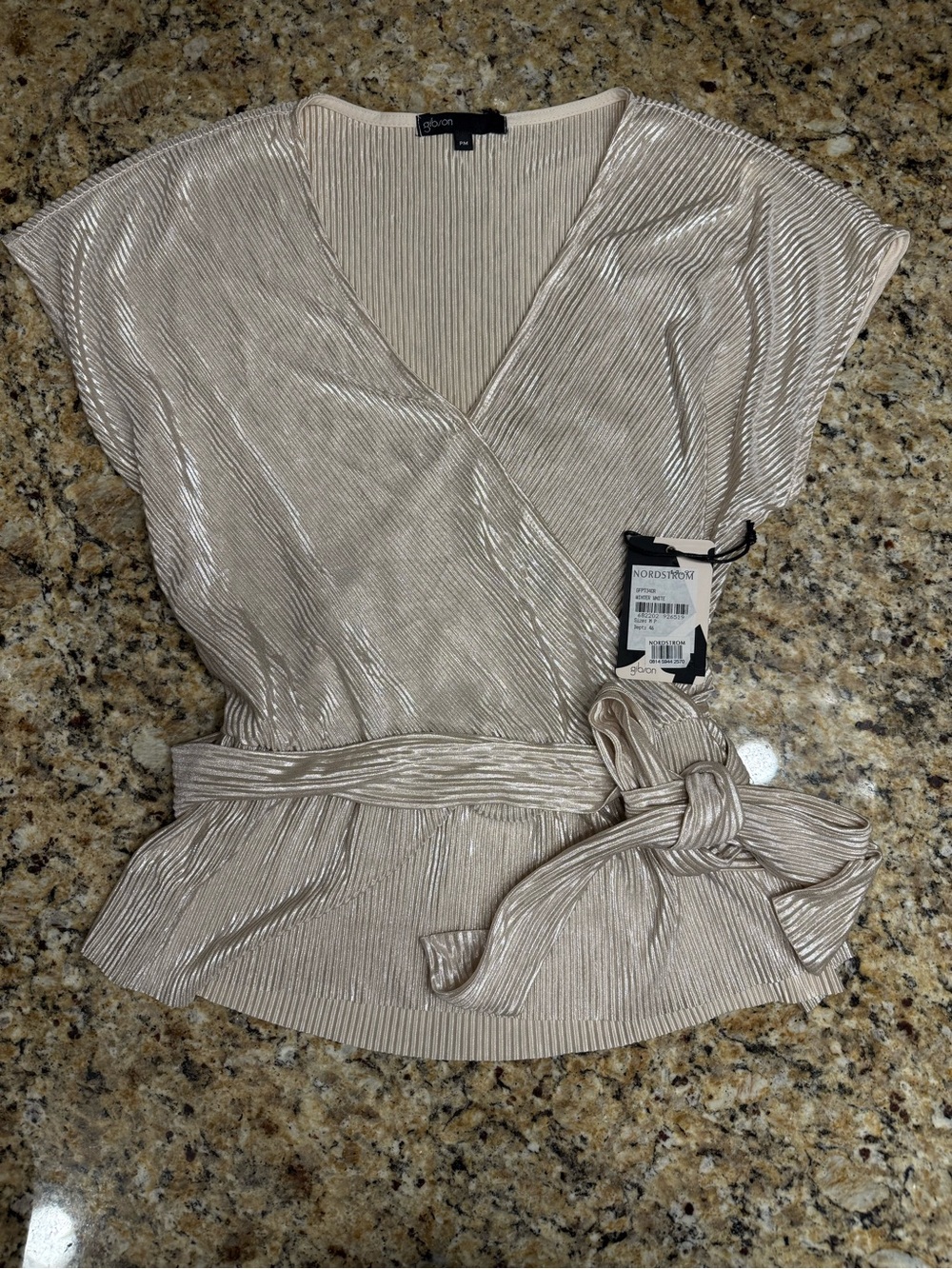 NWT Gibson Glam Squad Plisse Faux Wrap Blouse WHITE PETITE MEDIUM